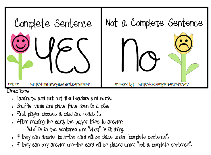 Little Literacy Learners Elements of a Complete Sentence