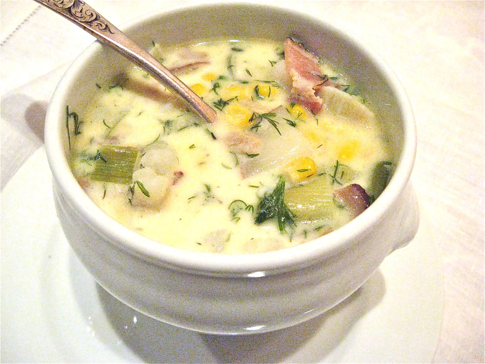 she's in the kitchen corn chowder with bacon, leeks and fresh dill