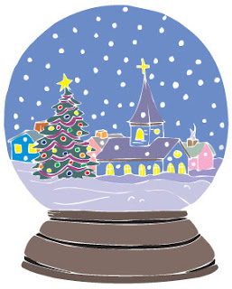 Decorated Merry Christmas tree at the church inside the snow globe with snow background clip art picture