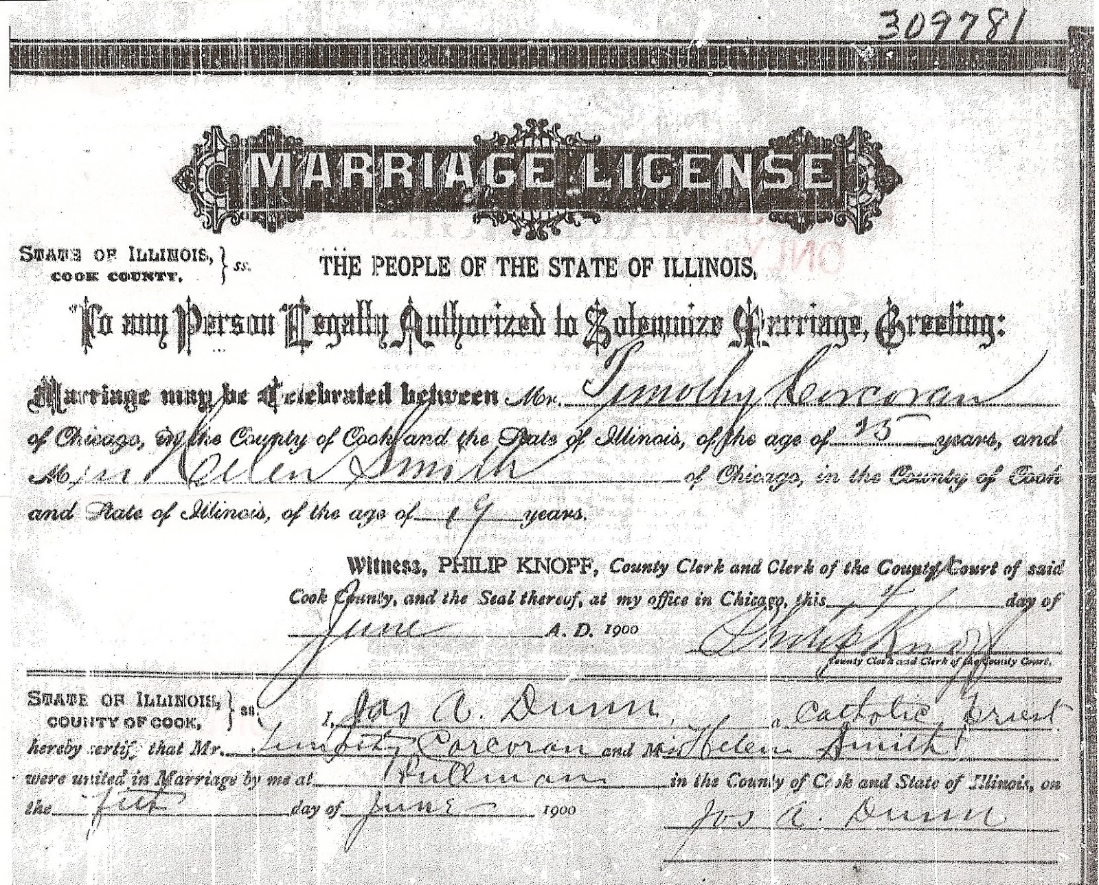 Journey to His Past Timothy Francis Corcoran and Helen Smith Marriage License