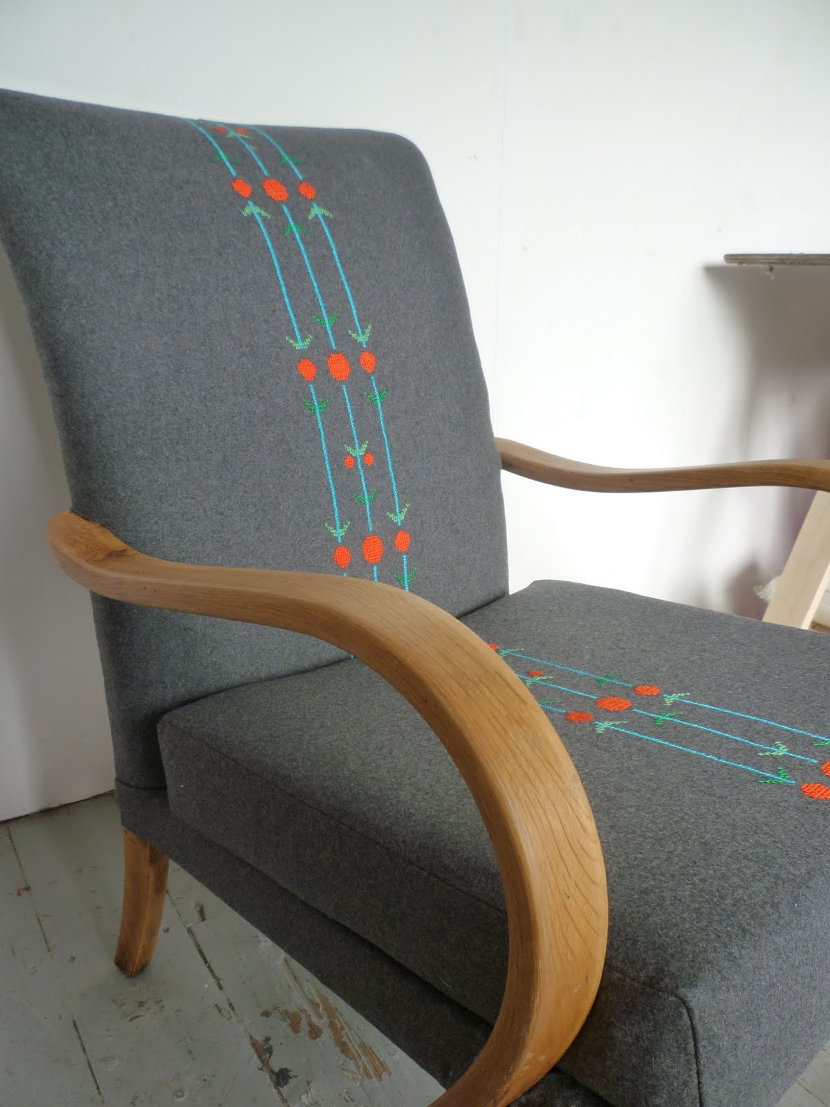 Sally Nencini Cross stitch chair and knitted pouff