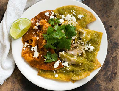 chilaquiles rojos and verde ancho tomatillo salsa