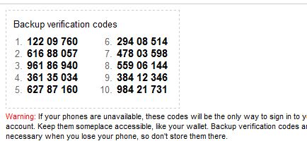 verification code codes backup google account secret once note keep each read there use