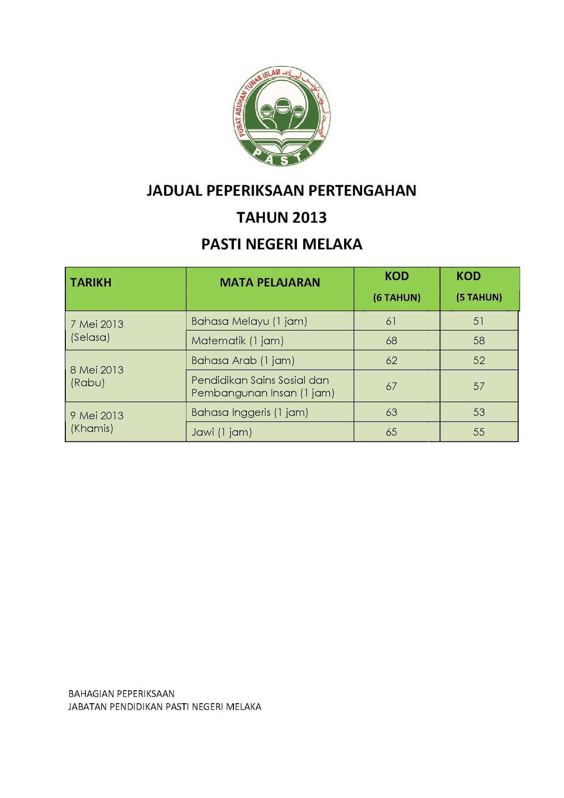 pertengahan tahun telah dianjakkan dari 6 Mei 2013 ke 7 Mei 2013