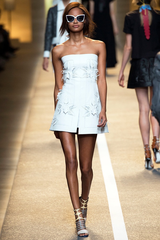 Fendi 2015 SS White Mini Leather Bustier Dress With Embroidery on Runway