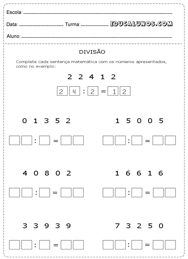 Complete a sentença matemática com os números apresentados