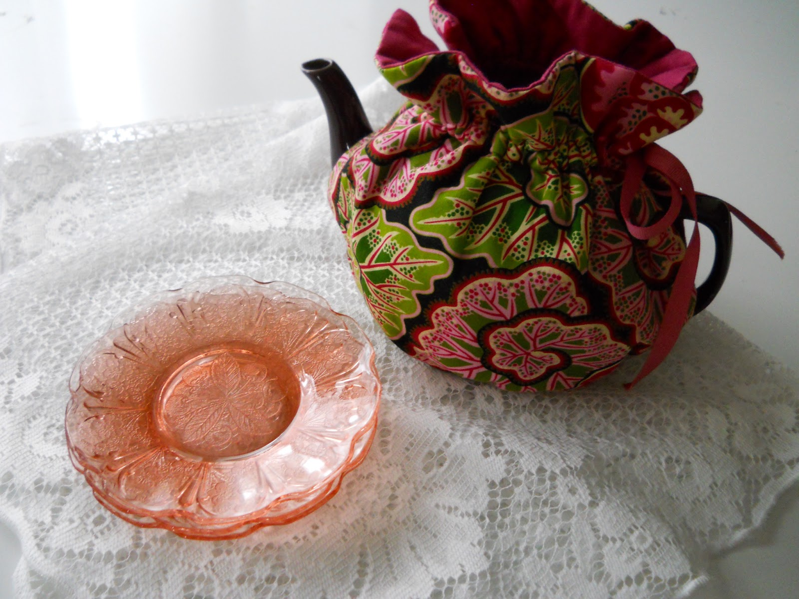 The Traveling Teapot Pink Cherry Blossom Depression Glass