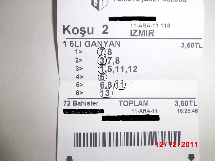 11.12.2011- pazar- İzmir * *  VELDAN ' IN  3.60 TL YE BULDUĞU  ALTILI KUPONU ( İkramiye :693 TL.)