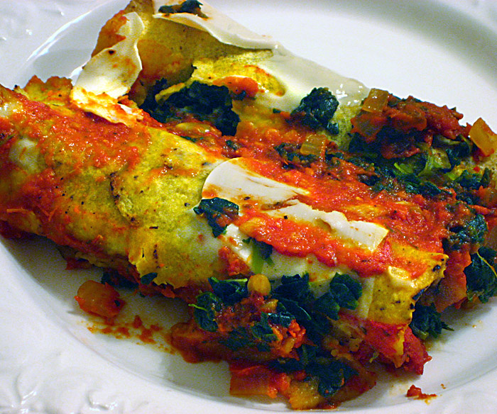 Andrea's Easy Vegan Cooking Spinach Enchiladas with ranchero sauce