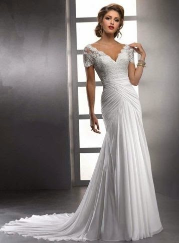 queusar: vestido de novia manga corta, escote v y drapeado en
