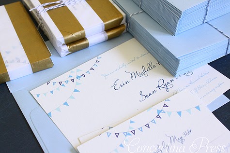 Blue bunting wedding invitations by Concertina Press