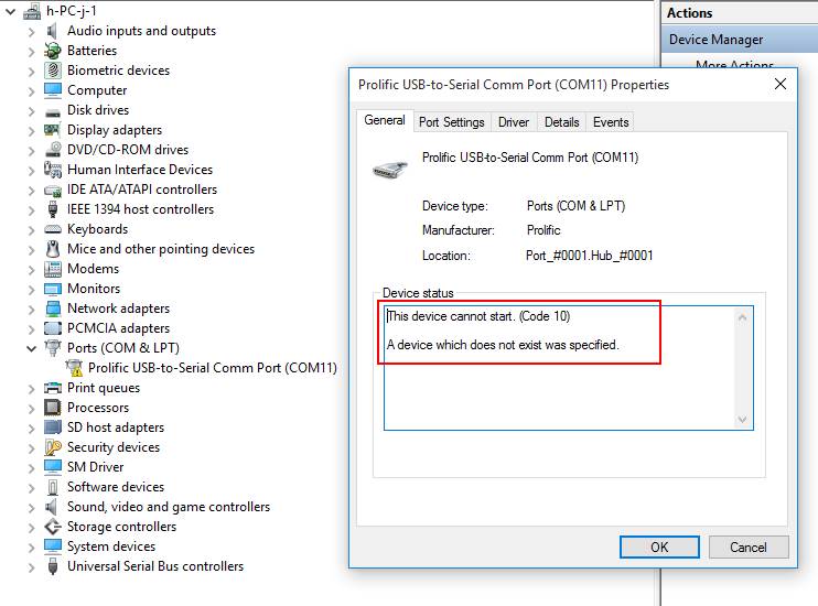 prolific usb to serial comm port this device cannot start