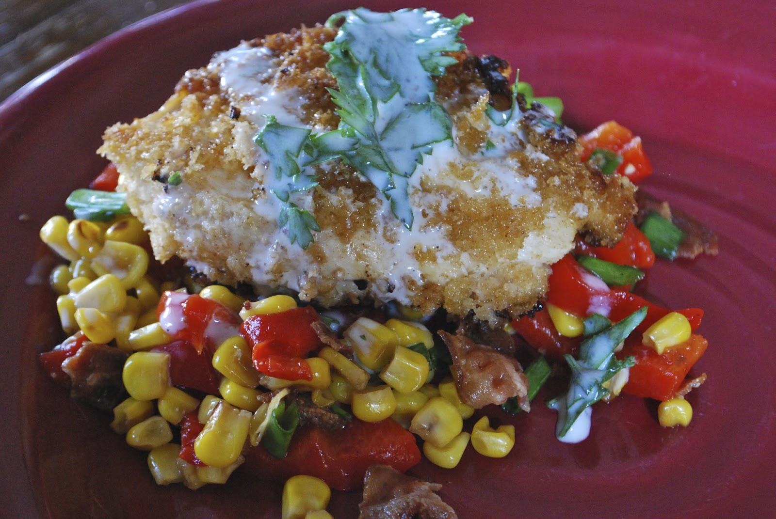"Pointless" Meals Panko Crusted Chicken WIth Corn and Red Pepper Hash