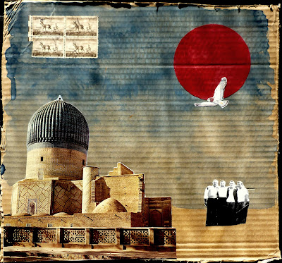 flag sun hawk bird vintage photo mosque Islam landscape postage stamp antelope Dada Fluxus collage