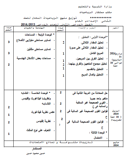 توزيع منهج الرياضيات للصف الثانى الاعدادى الترم الثانى 2014 بعد التعديل المنهاج مصر