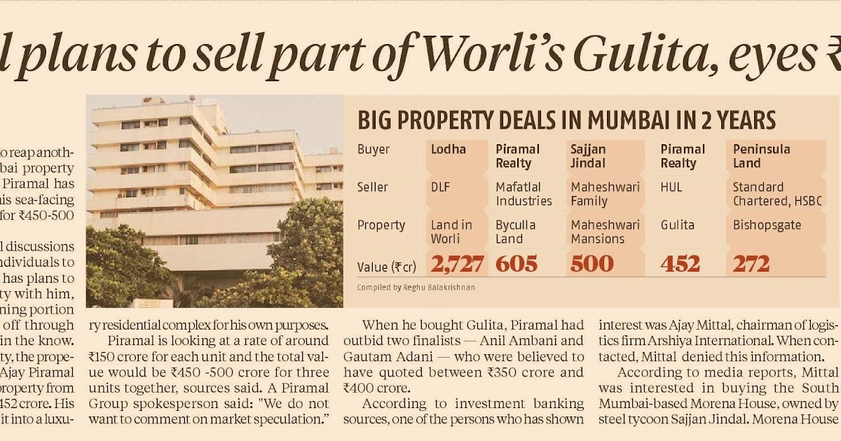 Real Estate Clips Piramal Plans To Sell Part Of Worli S Gulita Eyes Rs450 Crore Business Standard Sept 28 2012 Pg02 Discover the best of worli so you can plan your trip right.