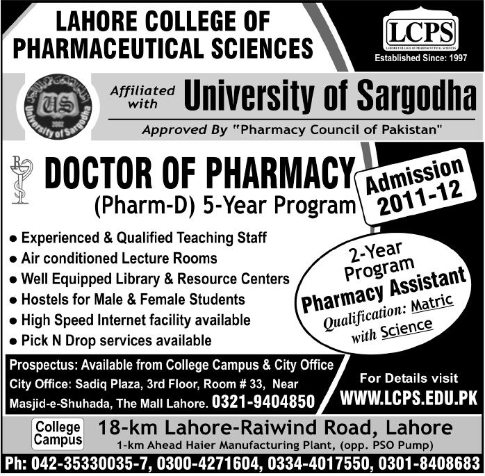 Admission in Pakistan Doctor of Pharmacy in Lahore College of