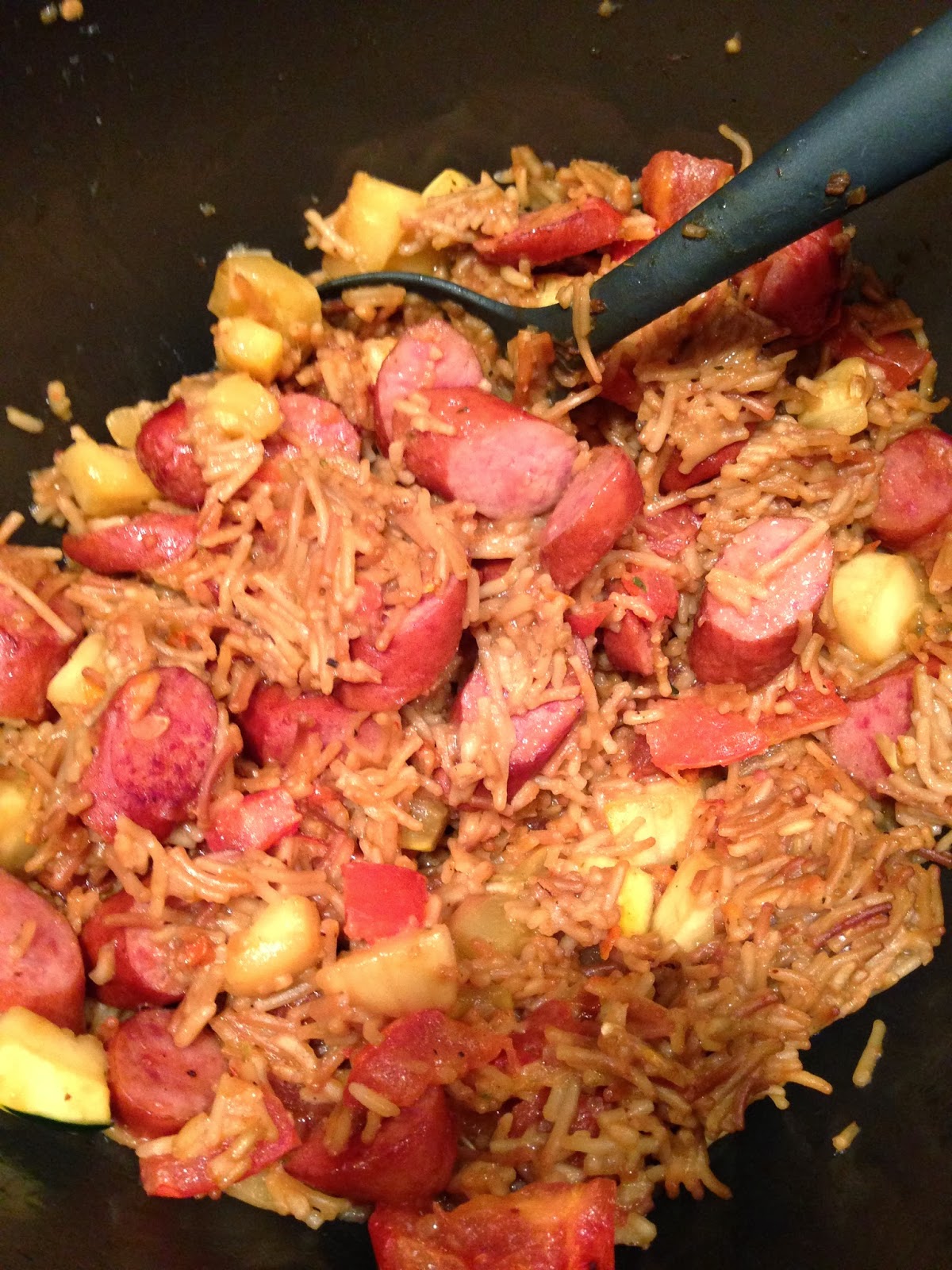 Midnight Mindness Smoked Brat Saute with Beef Rice