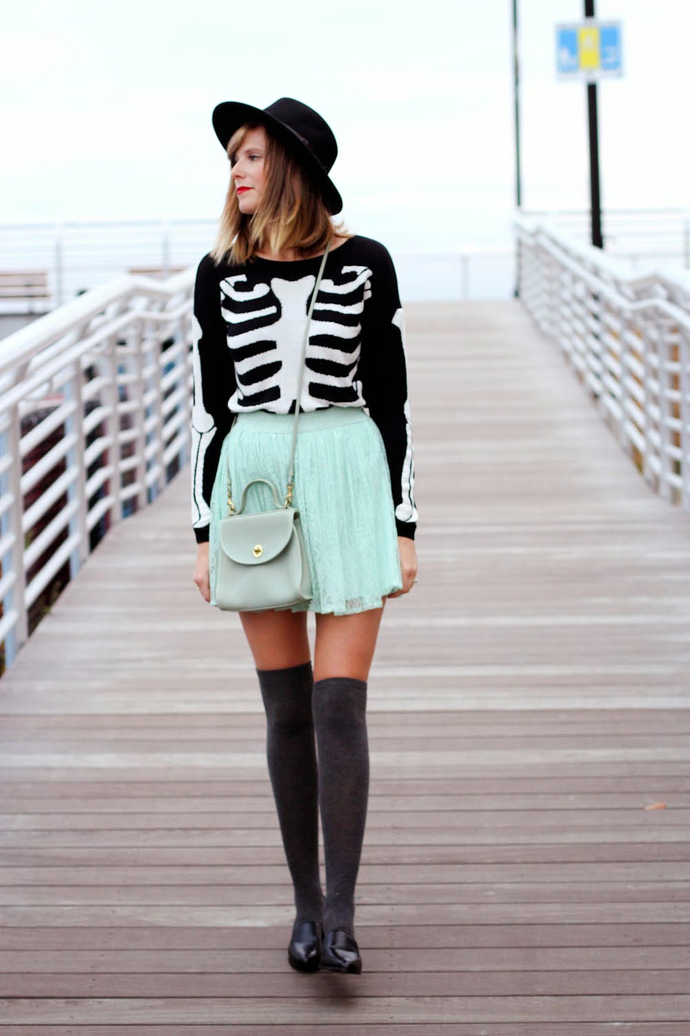 romwe skeleton sweater, mint lace skirt, pointed forever 21 loafers, long beach ny boardwalk, nyc vintage fashion blogger, new york vintage blog romwe skeleton sweater, mint lace skirt, pointed forever 21 loafers, long beach ny boardwalk, nyc vintage fashion blogger, new york vintage blog