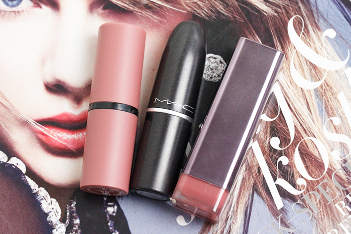 essence "05 Cool Nude", Mac "Faux", Covergirl "265 Romance Romantique" lipstick