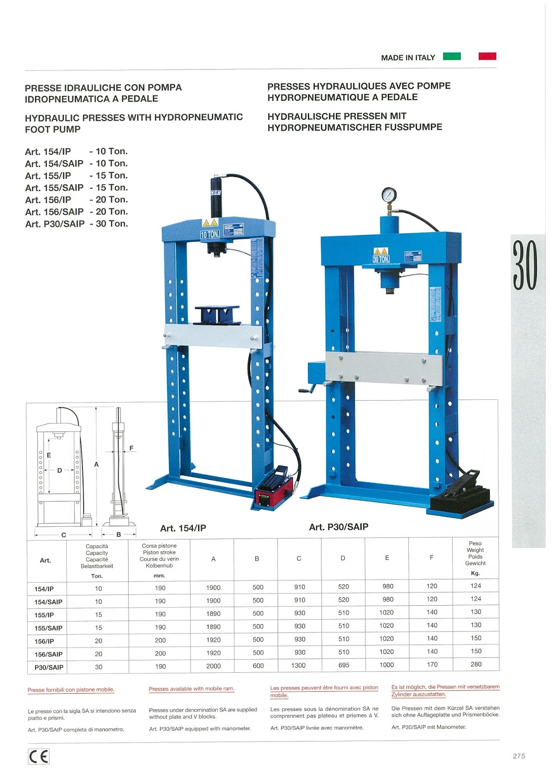 Hydraulic Presses with Hydropneumatic Foot Pump 30 ton OMCN HYDRAULIC