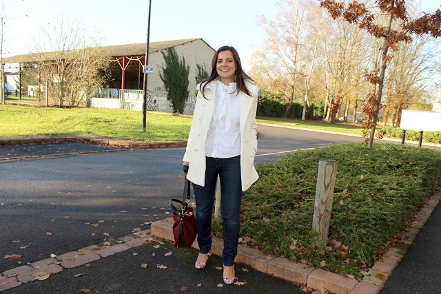 manteau blanc laine naf naf, escarpins minelli, sac zara