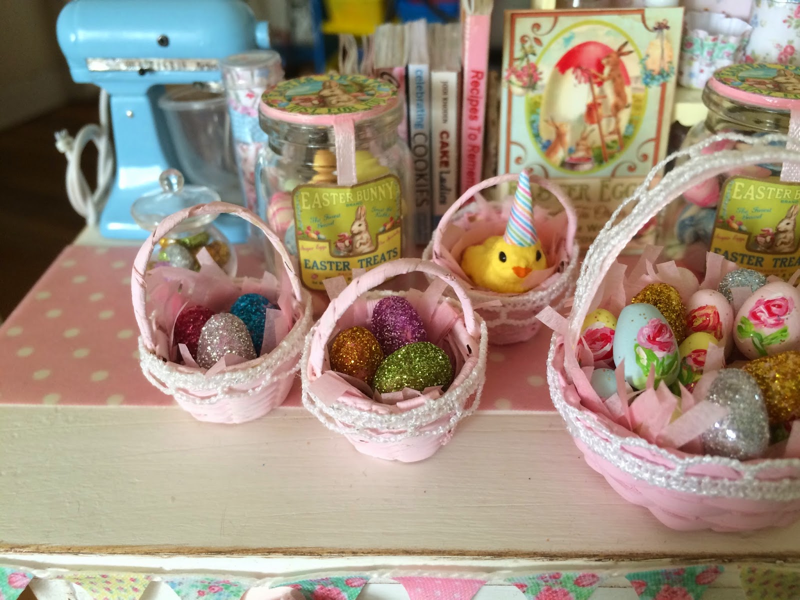 Baking In Miniature Easter Baskets, Glittered Eggs, Rose Painted Eggs