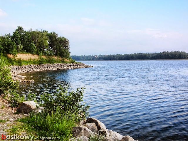 Zdjęcie jeziora Żywieckiego z widokiem na Żywiec w oddali.