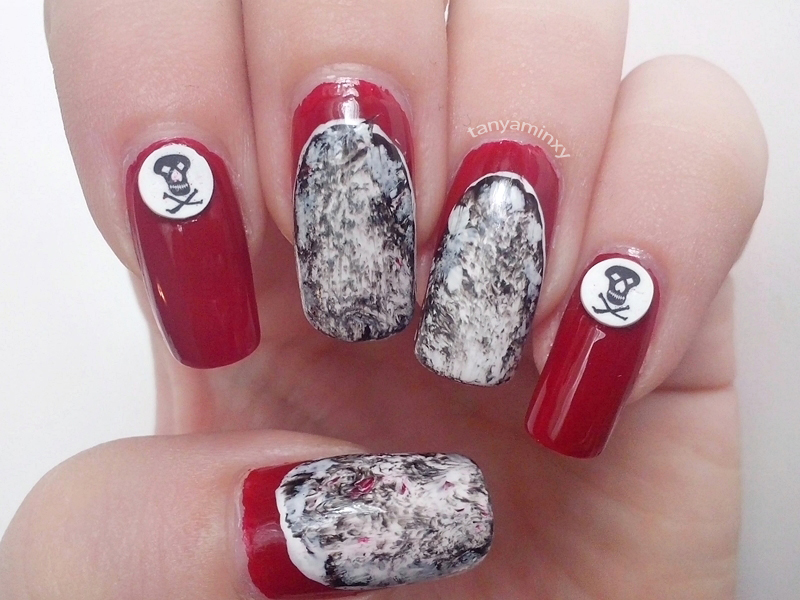 Red Ruffian Black And White Marble Skulls Nails Nail Art Nail Design