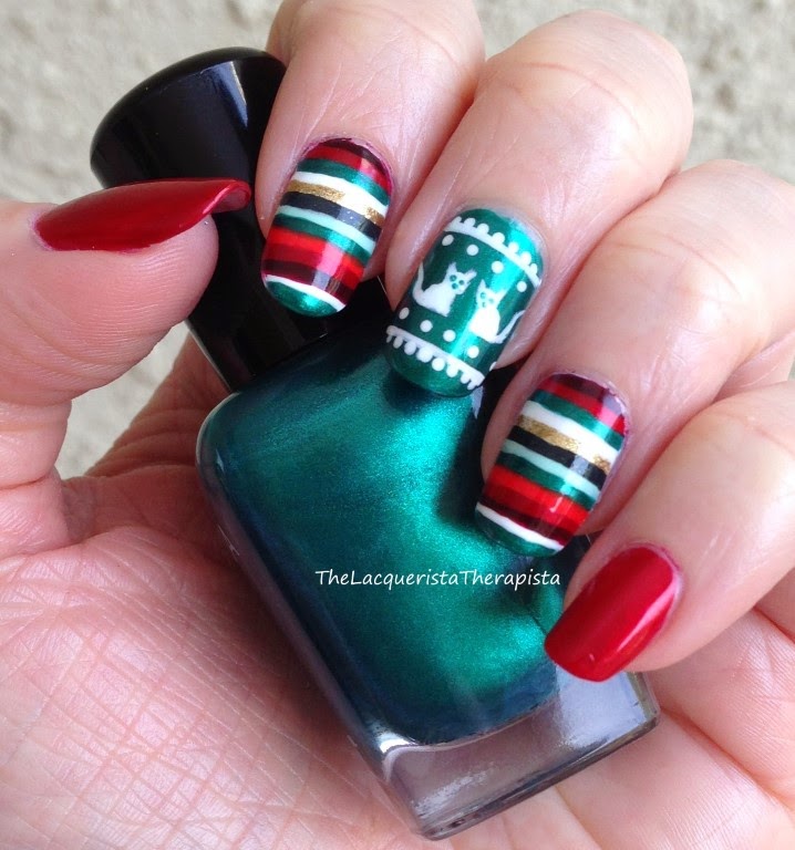 holiday; stripes; ugly sweater; cats; red; teal; christmas; cat; sweater; mani; nail art