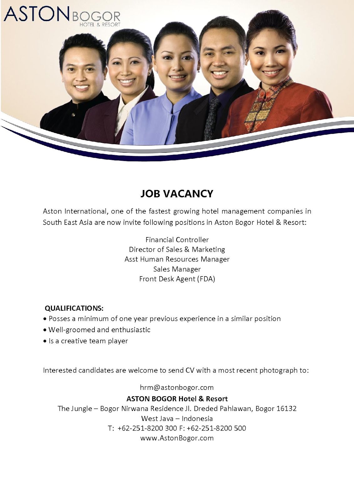 HHRMA BOGOR JOB VACANCY ASTON BOGOR Indonesia Job Vacancy