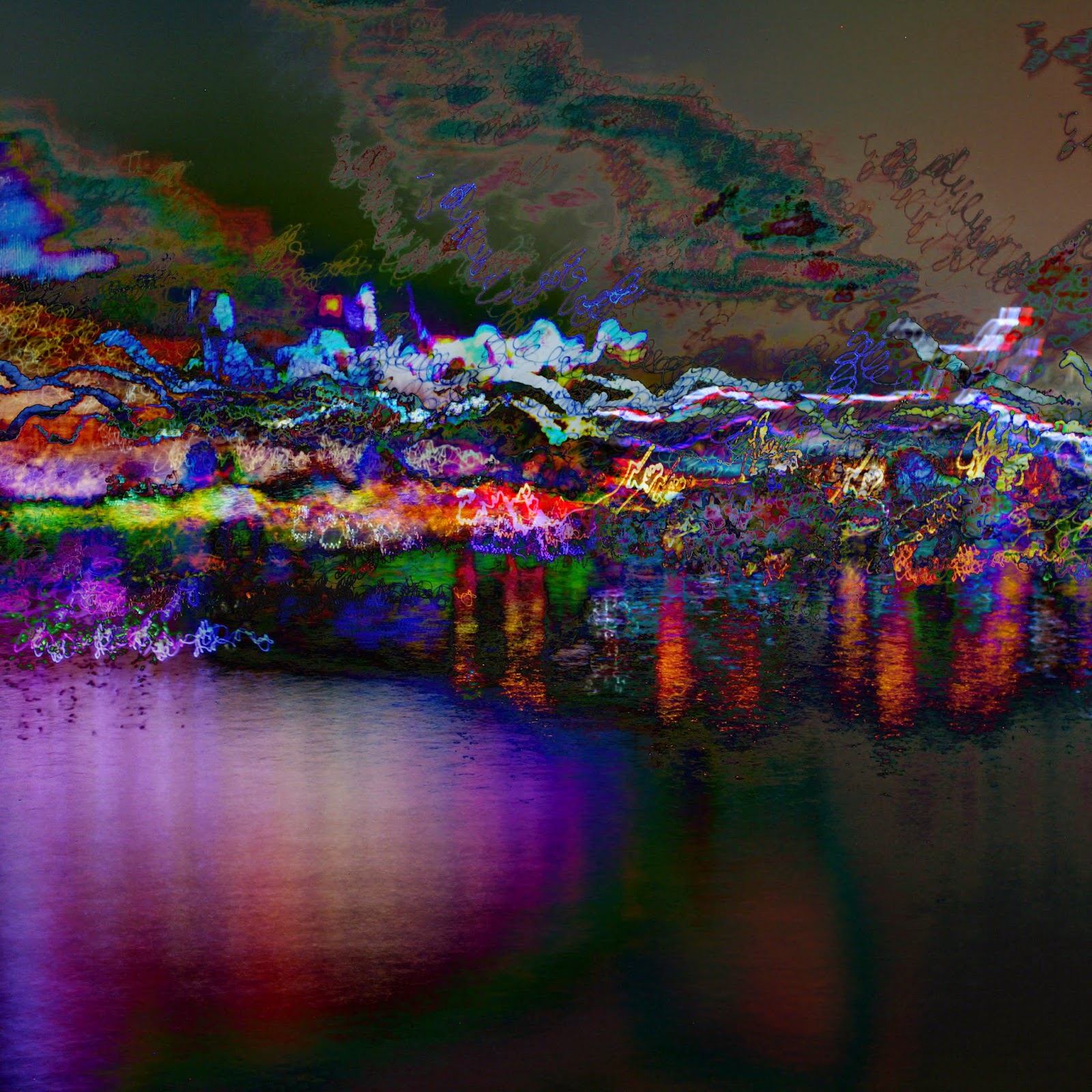 crudely rendered in watercolour the cones of light stretch across the river from bank to bank interspersed with imaginary possibility fields pencil lines crudely rendered in watercolour the cones of light stretch across the river from bank to bank interspersed with imaginary possibility fields pencil lines