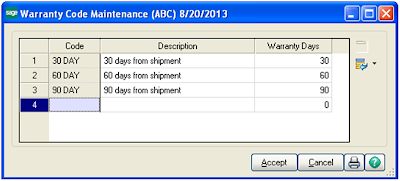 Inventory Management ->Setup -> Warranty Code Maintenance screen