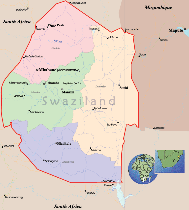 Map Of Swaziland Showing Border Posts