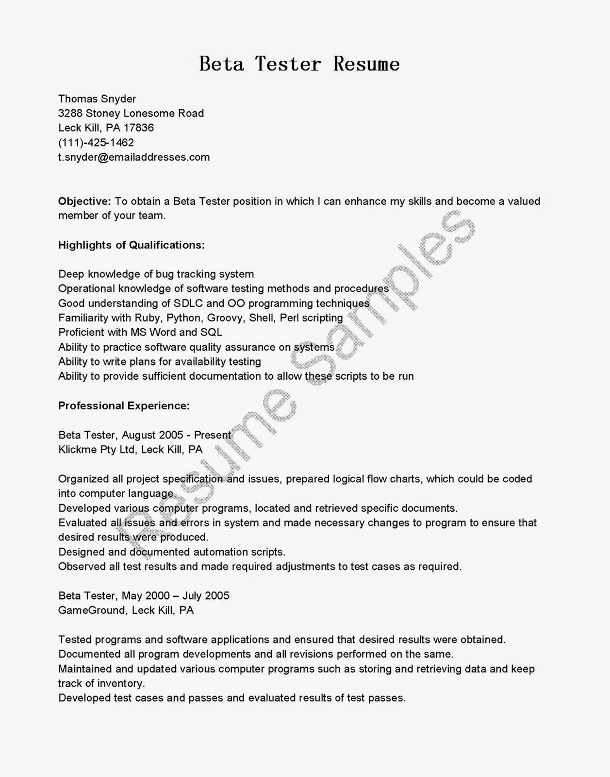 Resume Samples Beta Tester Resume
