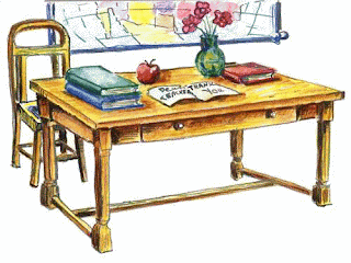 wooden desk with open books,an apple,and a vase of flowers on top