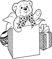 Smiling teddy bear with Christmas gifts and ornaments coloring page picture