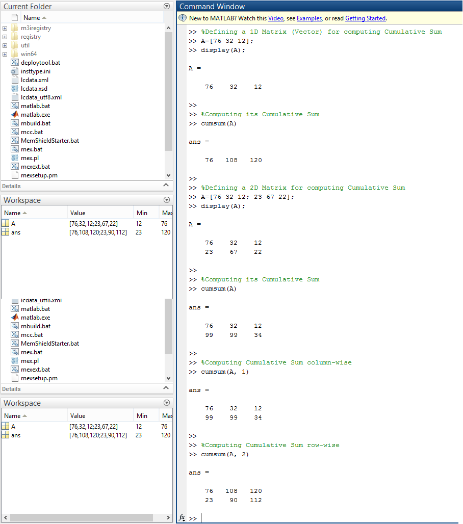 Finding Cumulative Sum of elements in a matrix with/without loops