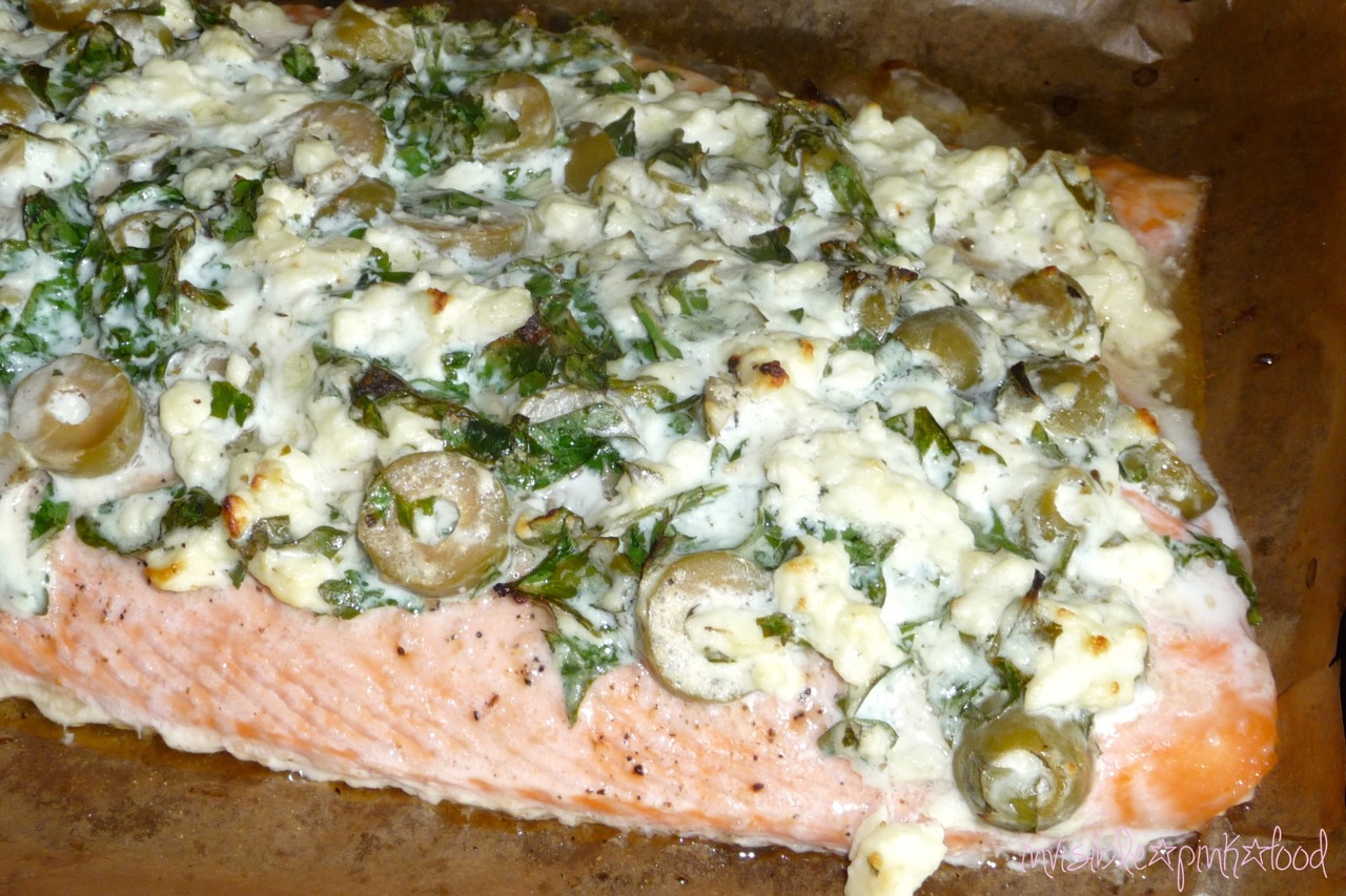 InvisiblePinkFood Oven baked salmon with olives and feta