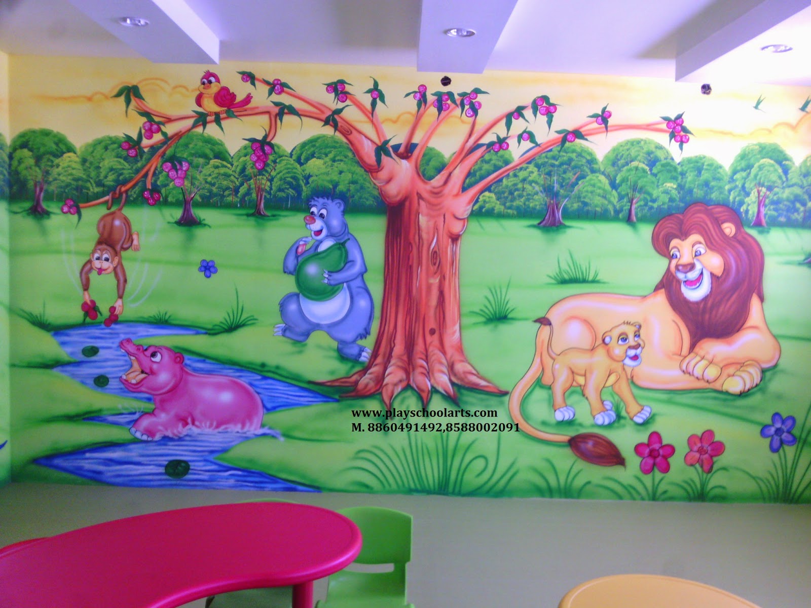 PLAY SCHOOL WALL PAINTING / 3D WALL PAINTING / CARTOON PAINTING / KIDS ROOM  PAINTING / 3D THEME PAIN: JUNGLE THEME PAINTING IN THE CLASS ROOM