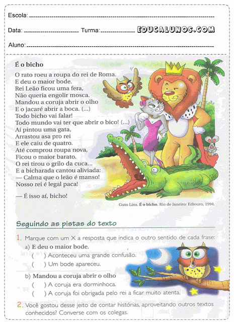 Interpretação de texto com o tema: É o bicho