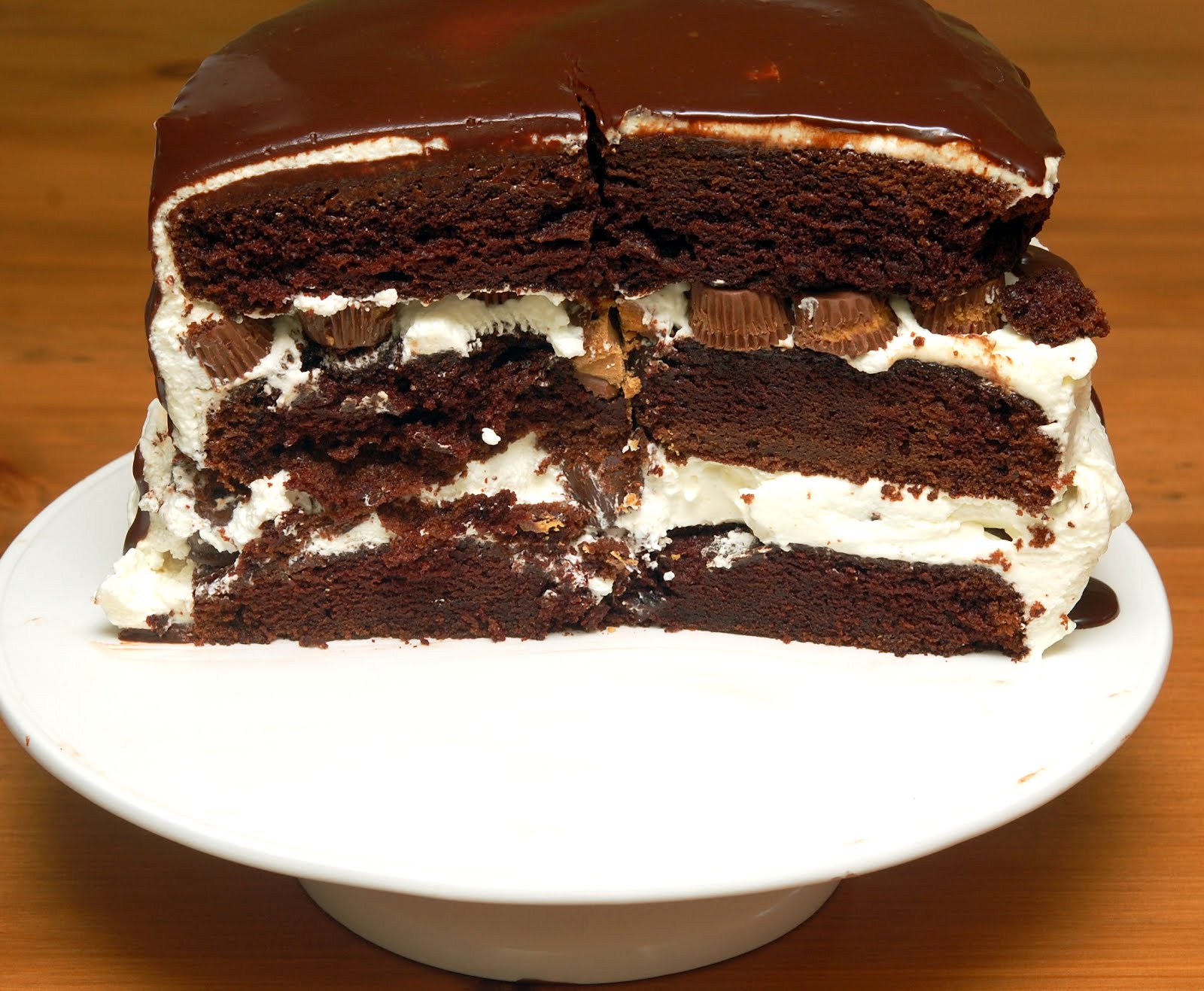 TRIPLE LAYER CHOCOLATE CAKE FILLED WITH OREO TRUFFLES & PEANUT BUTTER