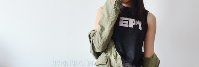 CrossWalk Fashion Review: Printed Tank Top A grunge-style outfit featuring CrossWalk's printed sleeveless high-neck tank top, acid-washed high-waisted Charlotte Russe jeans, and an army green jacket.