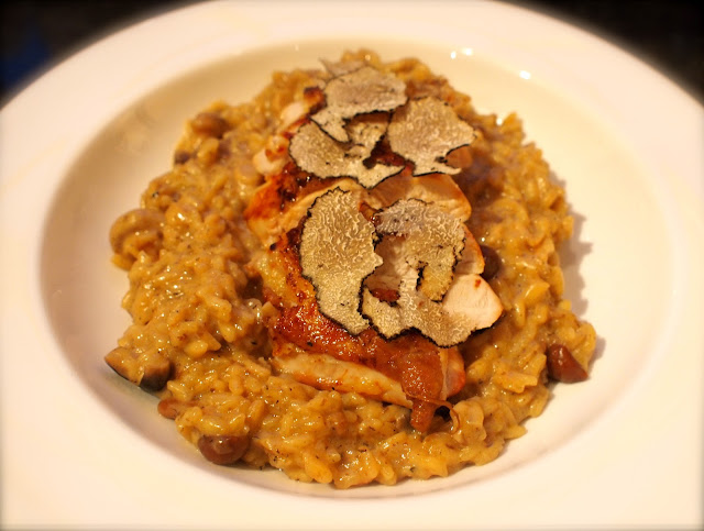 Risotto, with mushrooms, cep roasted chicken, and summer truffle