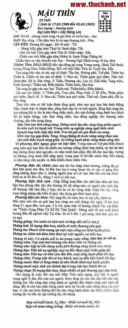 MẬU THÌN NỮ MẠNG NĂM NHÂM THÌN 2012