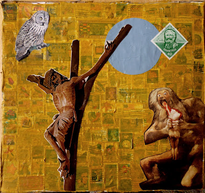 owl postage stamps flag crucifix Goya Saturn Eating his sons Dada Fluxus collage 