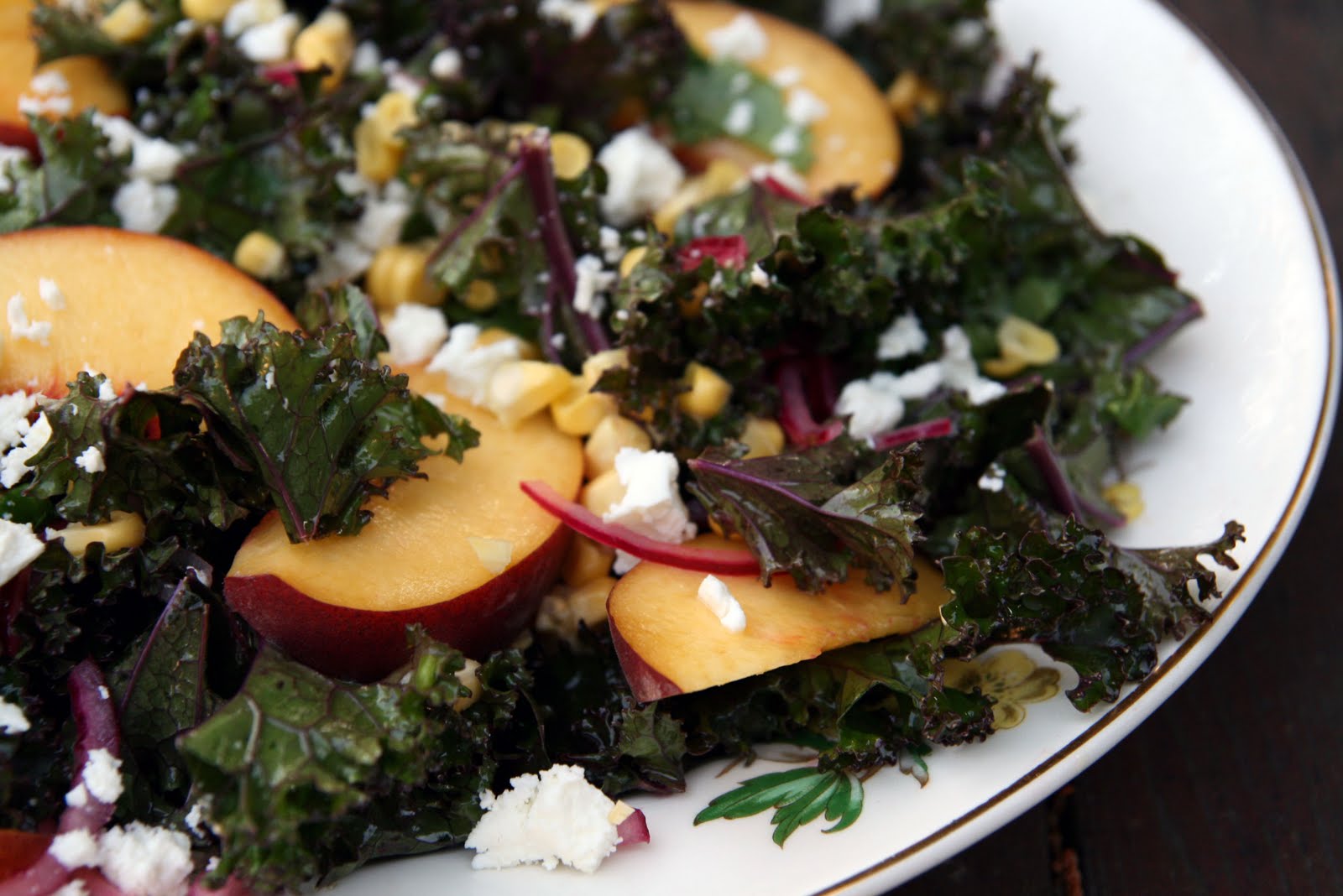 Kale, Peach, Corn and Feta Salad Recipe mostly foodstuffs