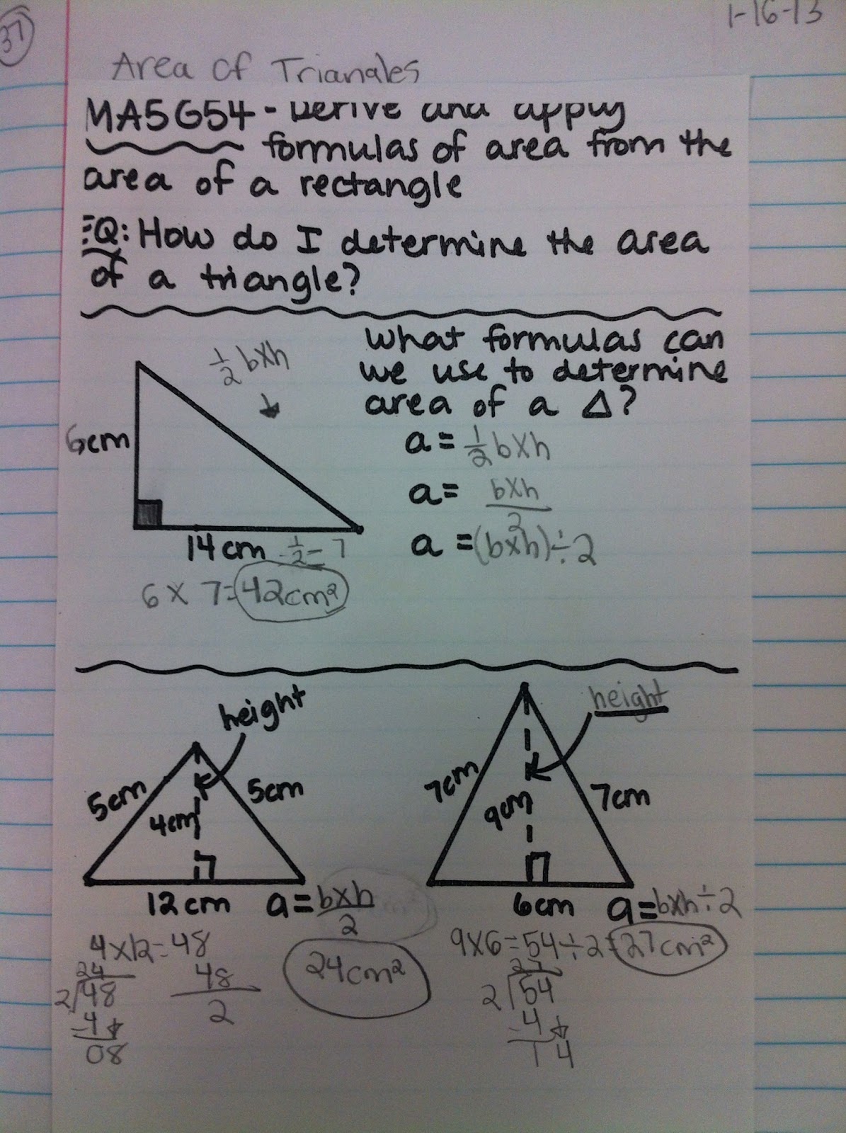 Mrs. Thomas' 5th Grade Class: Journal Entry- Area of Triangles
