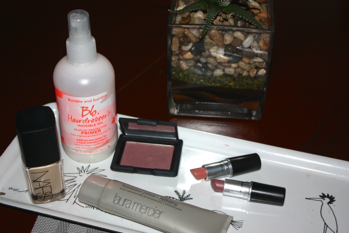 worth the splurge worth the dplurge bumble and bumble hair dressers invisible oil primer, nars sheer glow, blush, sin, mac, shy girl, syrup, laura mercer foundation primer, silk cream, gobi