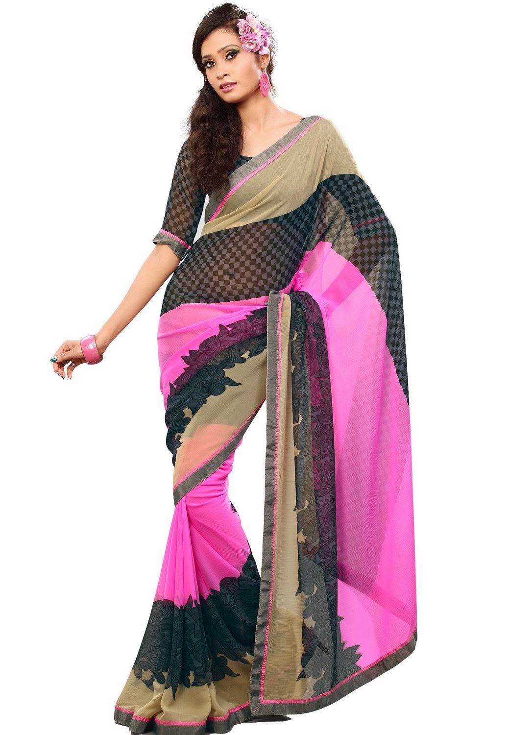  Pink and Grey Dot Printed Georgette Saree